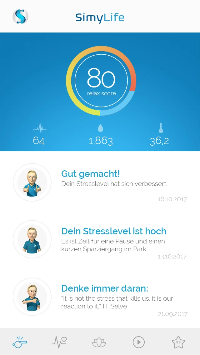 Smartphone-Bildschirm der Simylife-App mit Relax-Score-Anzeige und Handlungshinweisen