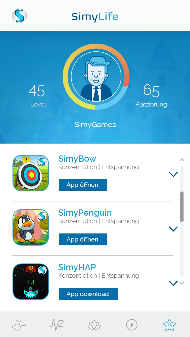 Smartphone-Bildschirm der Simylife-App mit Auswahl der SimyGames