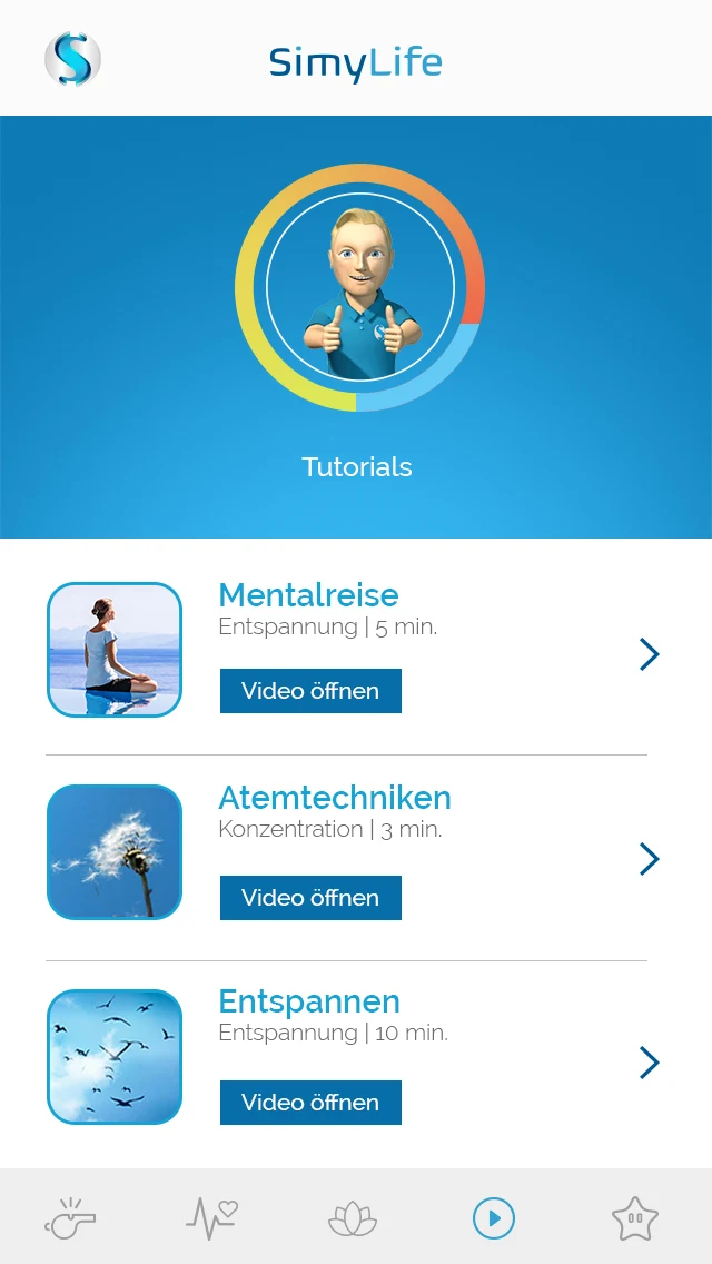 Smartphone-Bildschirm der Simylife-App mit Liste an Video-Tutorials